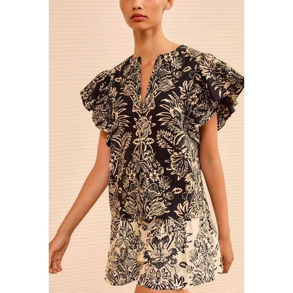 NEW ULLA JOHNSON severine flutter sleeve top in noir flora